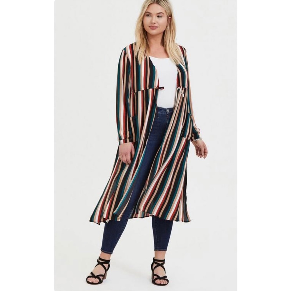 Torrid Georgette Long Kimono Duster Striped Tie Waist Sz 5X